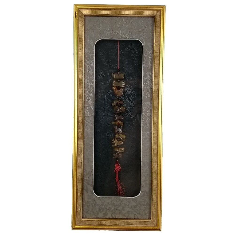 Vtg Framed Chinese Zodiac Stone Amulet Tassel Shadow Box Wall Decor Feng Shui 12